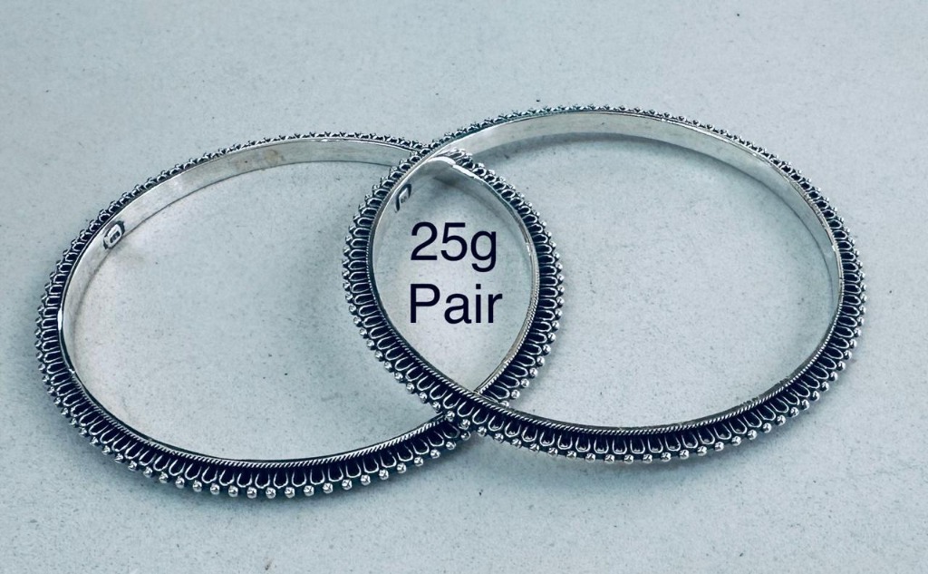 Silver Beaded Bangle Pair